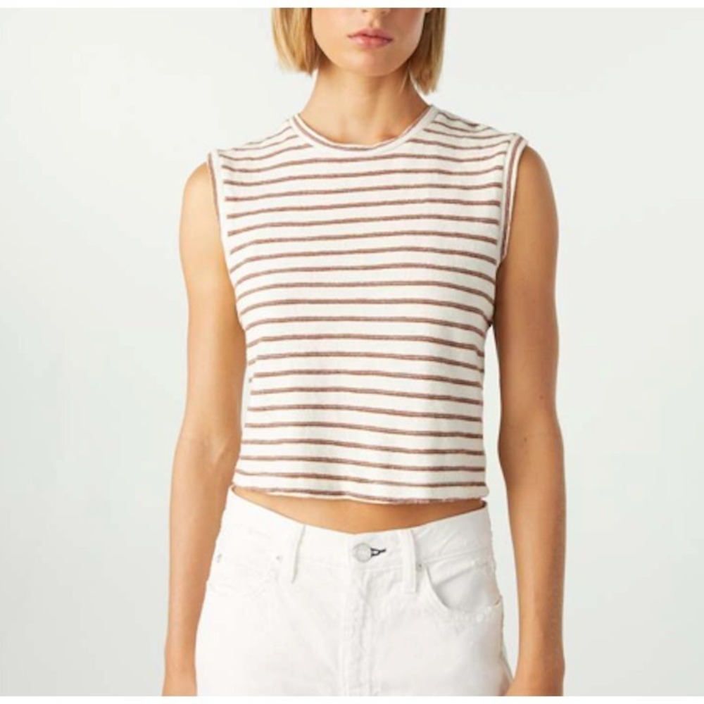 AMO Denim Tee Womens Sz M Babe Crop Sleeveless Top Cream Blue Stripe Garmentory